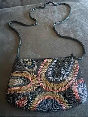 La Regale Black Beaded Crossbody with Multicolor Swirl Pattern